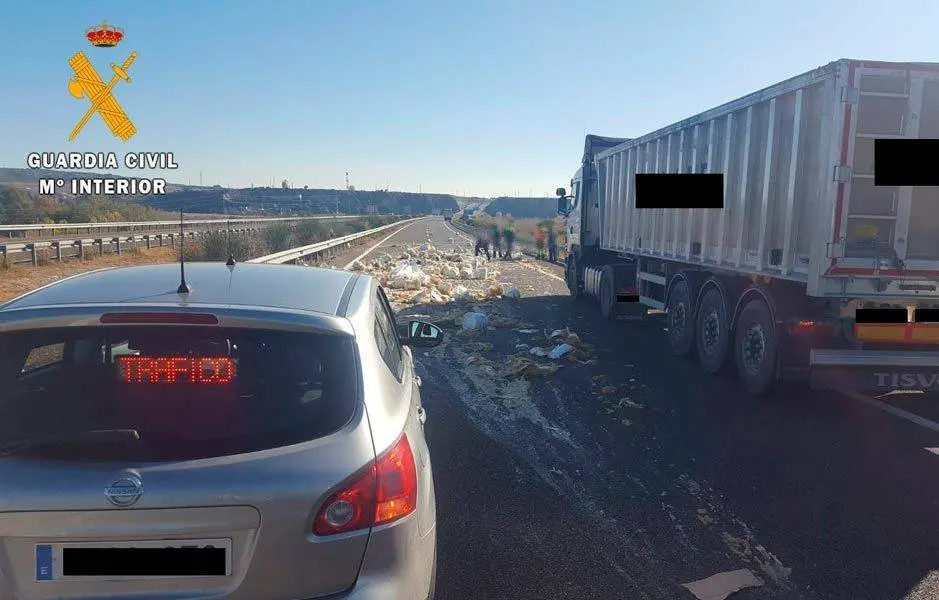 La ca&iacute;da de la carga llen&oacute; la carretera A-22 de cabello de &aacute;ngel