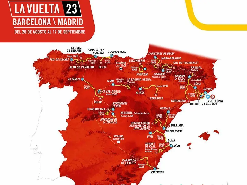 Mapa de Espa&ntilde;a con las etapas de la Vuelta Ciclista 