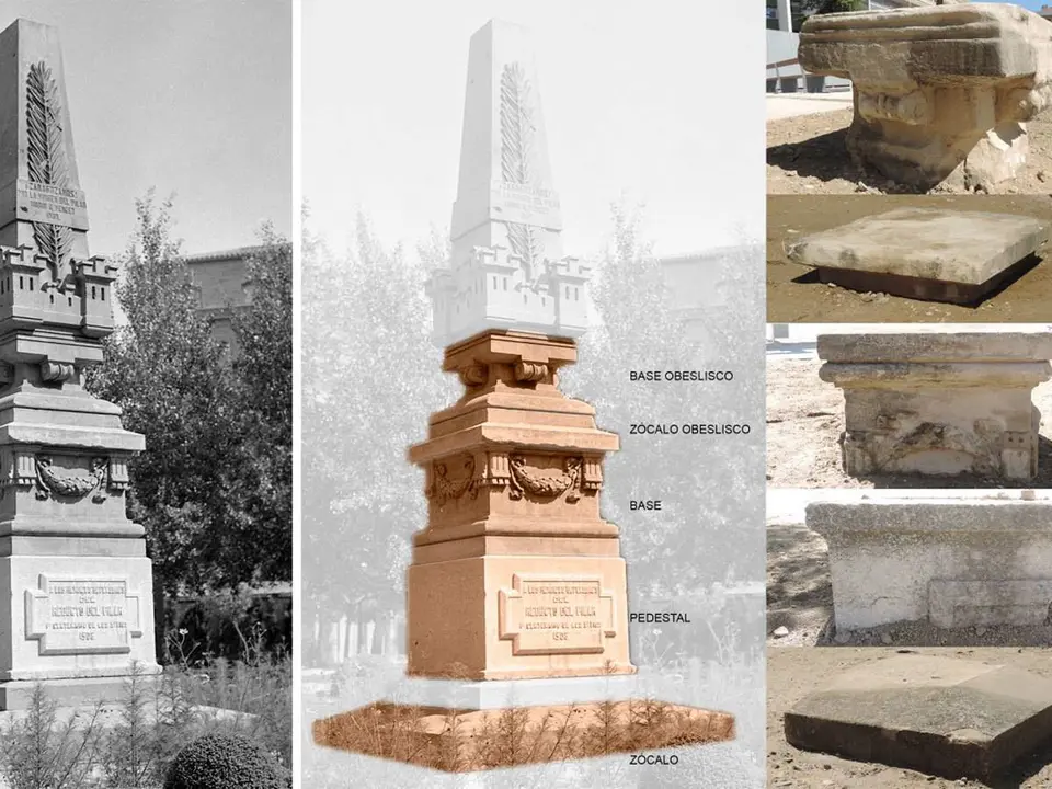 Imagen del monumento original, de la recreaci&oacute;n y de los restos encontrados
