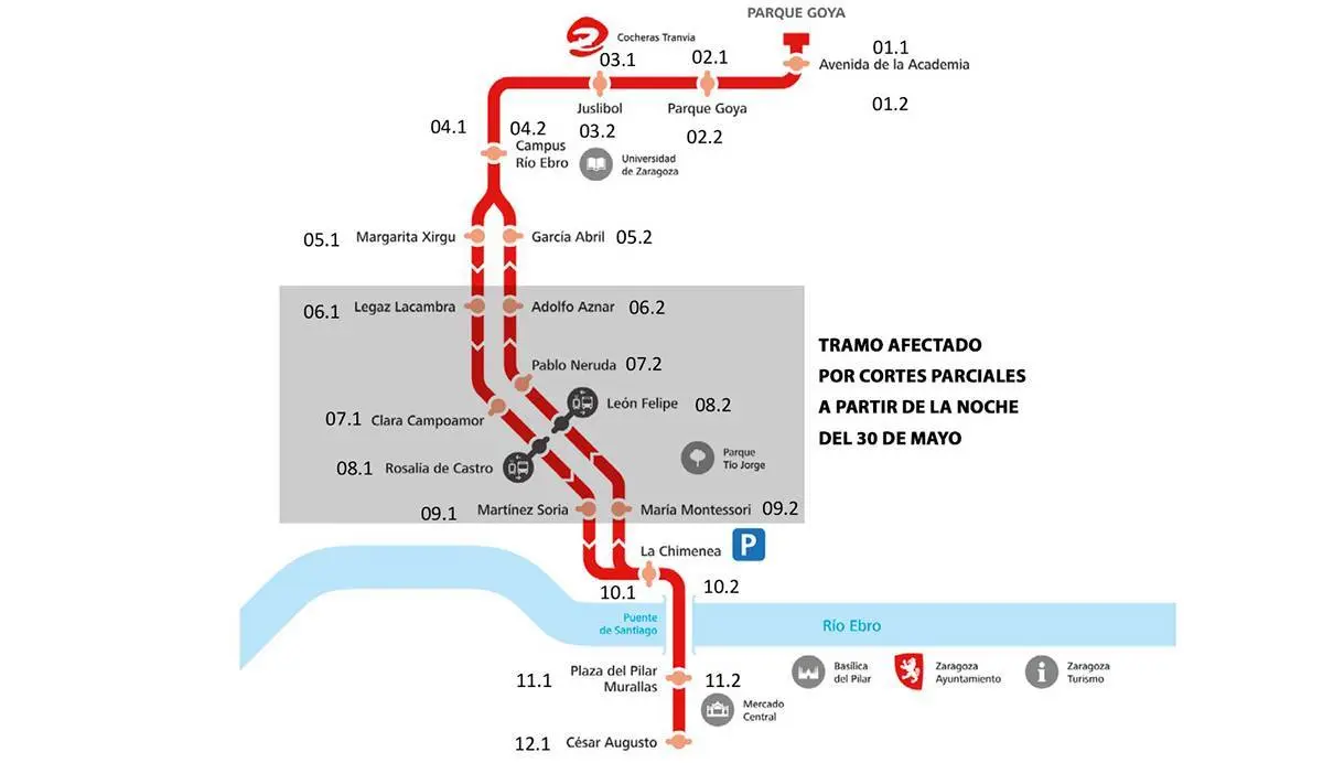 Afecciones en el tranv&iacute;a de Zaragoza para reparar unas grietas en la v&iacute;a