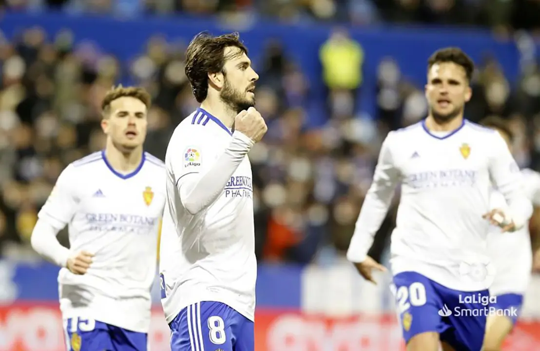 Eugeni celebrando su &uacute;nico gol con el Real Zaragoza ante el M&aacute;laga. Fotograf&iacute;a: LaLiga.