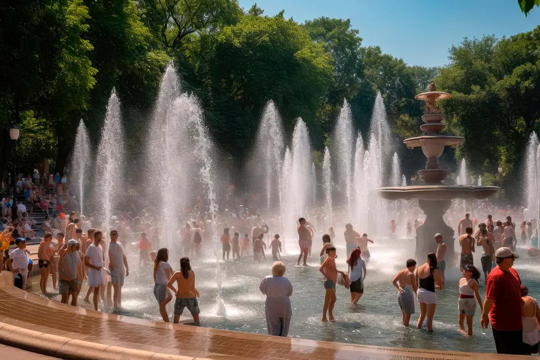 Gente en ba&ntilde;&aacute;ndose en una fuente