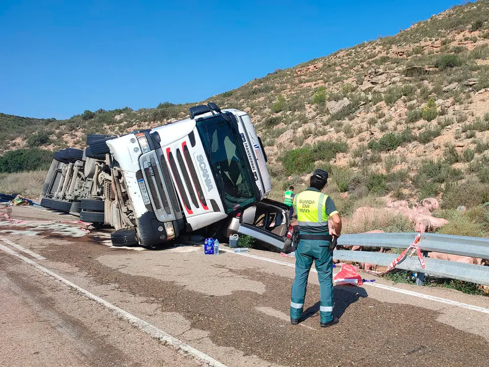 Un veh&iacute;culo articulado que transportaba cerdos ha volcado y ha colisionado con un turismo ocupado por estas cuatro personas