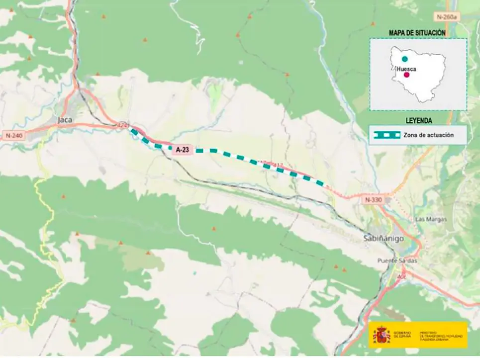 Mapa carreteras entre Sabi&ntilde;&aacute;nigo y Jaca