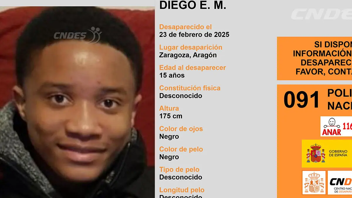 Diego E. M., de 15 a&ntilde;os, desapareci&oacute; en Zaragoza el pasado 23 de febrero.