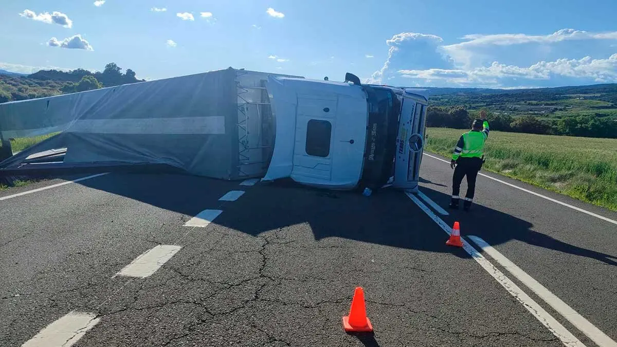 El cami&oacute;n qued&oacute; volcado en mitad de la N-230 y su conductor quintuplic&oacute; la tasa de alcohol permitida.