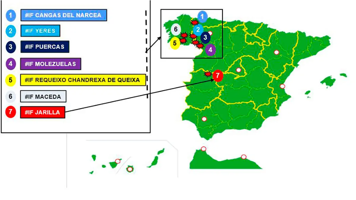 Mapa de incendios a 13 de agosto. (Foto: UME)