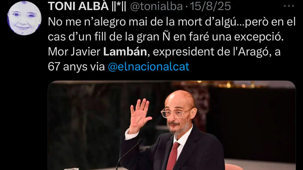 El tweet de Toni Alba donde se alegra de la muerte del presidente Lamb&aacute;n. Fuente: X