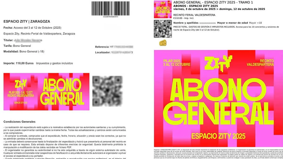 A la izquierda, falsificaci&oacute;n de los abonos de Espacio Zity 2025 para estas Fiestas del Pilar, y a la derecha, la original.