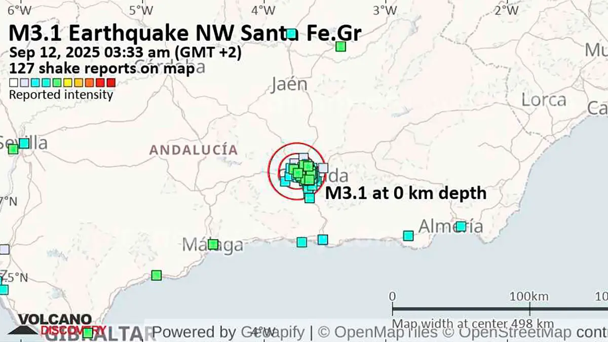 Un terremoto en Granada de magnitud 3,1 ha sacudido numerosos municipios esta madrugada. Fuente: Volcano Discovery.