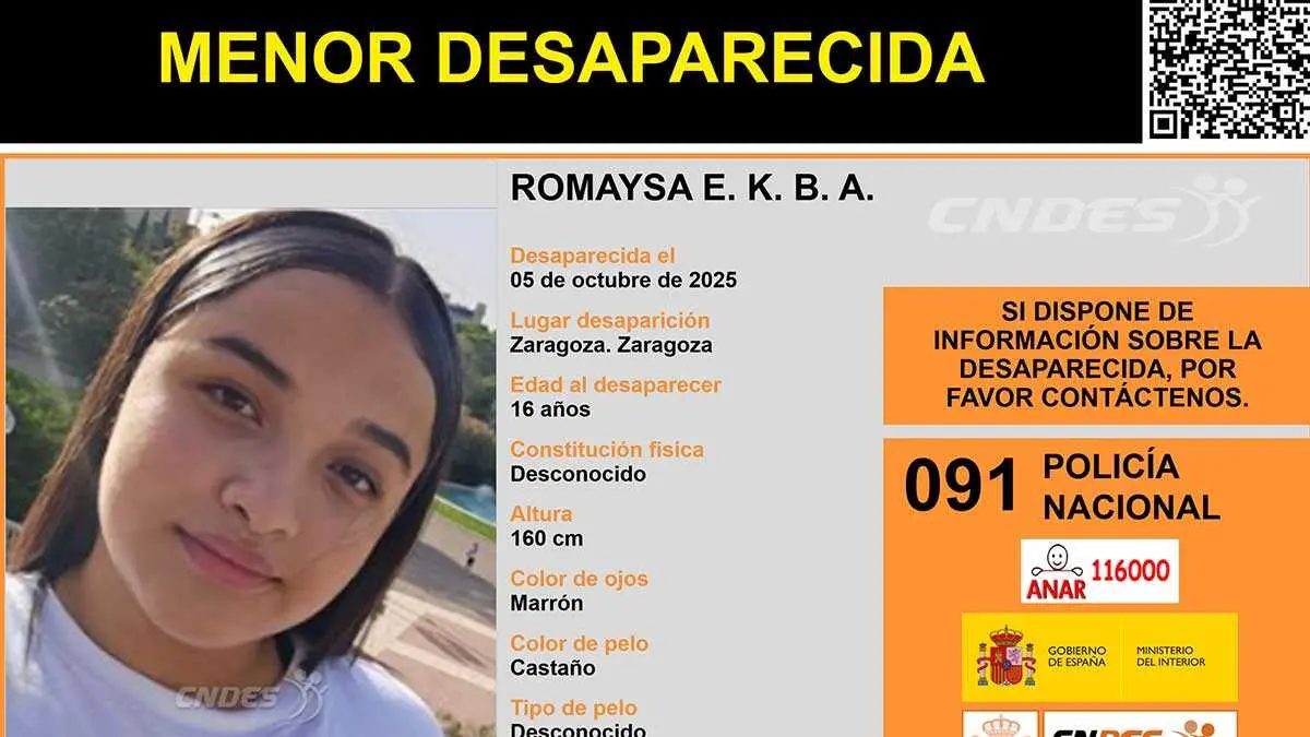Romayka E. K. B. A., de 16 a&ntilde;os, desaparecida en Zaragoza desde el pasado domingo. Fuente: Cndes