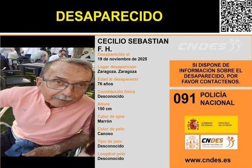 Cecilio Sebasti&aacute;n F. H. desapareci&oacute; el pasado 19 de noviembre de 2025 en Zaragoza