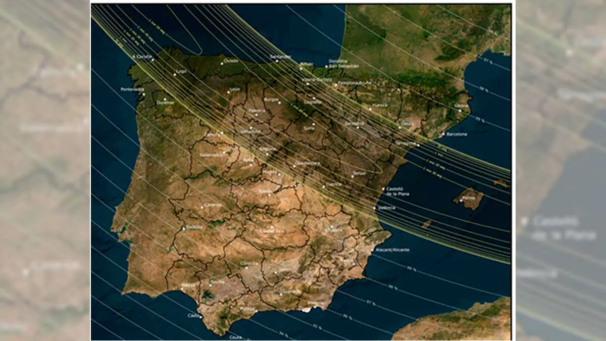 Franja de la pen&iacute;nsula y Baleares donde se ver&aacute; el eclipse total de Sol el pr&oacute;ximo 12 de agosto | Imagen de IGN