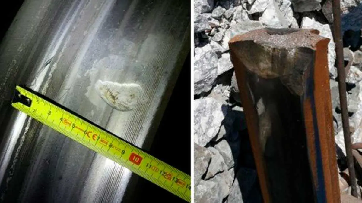 Muescas presentes en la rueda derecha del eje 13 del tren de Iryo (coche 4, primer eje del primer bogie) y, a la derecha en la imgen, posible punto de colisi&oacute;n con la cabeza del carril | Fotos incluidas en el documento de la CIAF