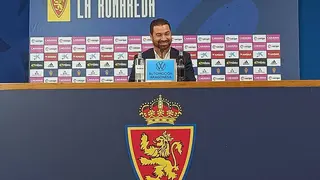 Juan Carlos Cordero en la sala de prensa de La Romareda