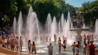 Gente en ba&ntilde;&aacute;ndose en una fuente