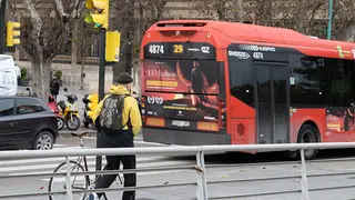 Bus urbano y ciclista en Paseo Echegaray y Caballero