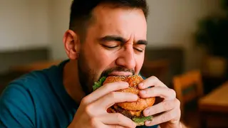 Imagen de un hombre comiendo una hamburguesa. Foto: Imagen de archivo