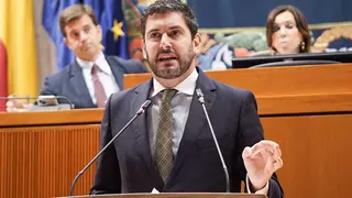 El portavoz de Vox, Alejandro Nolasco, durante su intervenci&oacute;n en el pleno de las Cortes. Foto: Cortes de Arag&oacute;n