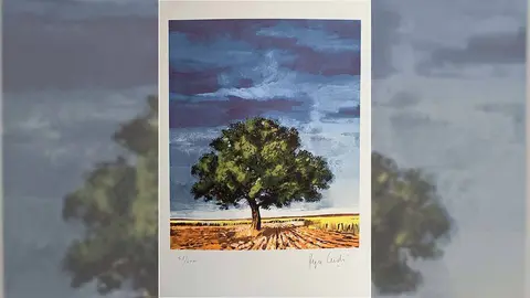 Litograf&iacute;a de un paisaje con un &aacute;rbol