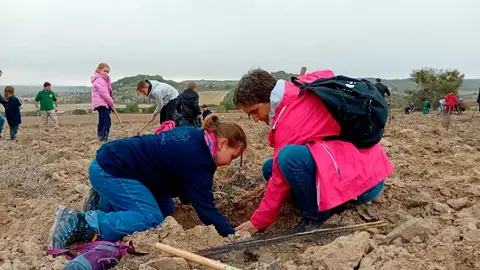 ni&ntilde;os y familias plantan el Bosque de los Zaragozanos