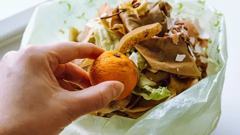 la mano de una mujer tira la mandarina estropeada a la basura con los residuos de comida