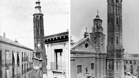 La Torre Nueva captada desde el &uacute;ltimo piso del n&ordm;. 18 de Alfonso I, esquina con M&eacute;ndez N&uacute;&ntilde;ez. J. Laurent y C&iacute;a. 1877. Copia a la alb&uacute;mina. Archivo Municipal de Zaragoza  /
Captura desde el &uacute;ltimo piso del 6 o el 7 de la plaza San Felipe (Gil Berges). Negativo sobre cristal. Estudio Coyne. 1892. Archivo Hist&oacute;rico Provincial de Zaragoza