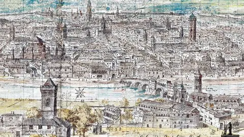 Detalle de la Vista de Zaragoza realizada por Anthonius Van Den Wyngaerde. 1563. Colecci&oacute;n Jos&eacute; Luis Cintora para Anteayer Fotogr&aacute;fico Zaragozano