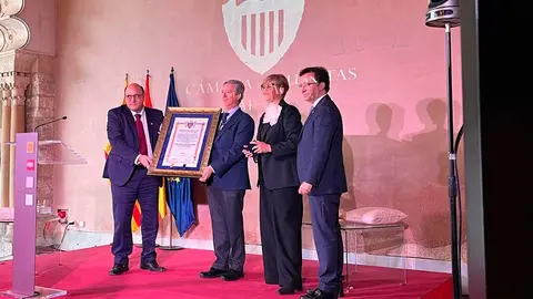 Alfonso Pe&ntilde;a ha recibido la medalla y el reconocimiento de la C&aacute;mra de Cuentas en el palacio de la Aljafer&iacute;a. Foto: E.P.