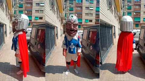 El nuevo cabezudo de la comparsa de Miralbueno, en Zaragoza, est&aacute; inspirado en San Jorge, patr&oacute;n de Arag&oacute;n.