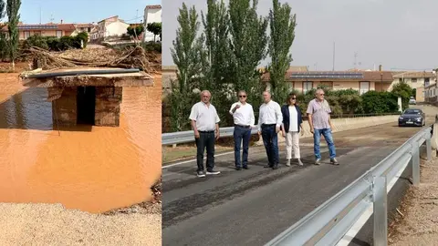 Poco m&aacute;s de dos meses separan las dos im&aacute;genes de la carretera de acceso a Almochuel (Zaragoza) por la DANA del 13 de junio. Fuente: DPZ