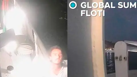 Momento del ataque al principal barco de la Global Sumud Flotilla, provocando un incendio en la cubierta. Foto: @globalsumudflotilla