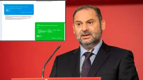 En la foto, &Aacute;balos y, a la izquierda, extracto del mensaje en el que el exministro habla de sus donativos a mujeres. Foto: PSOE/Servimedia