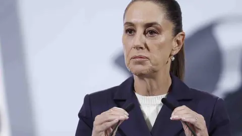 La presidenta de M&eacute;xico, Claudia Sheinbaum, durante la rueda de prensa de este mi&eacute;rcoles. EE NO USAR