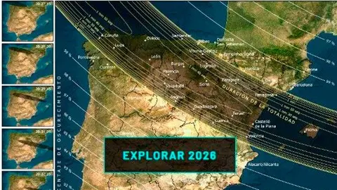 Mapa de Espa&ntilde;a con la franja oscura desde donde ser&aacute; visible el eclipse | Foto del IGM