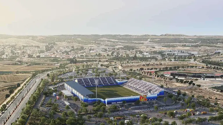 Vista a&eacute;rea de c&oacute;mo ser&aacute; el estadio modular de la Expo. Foto: Nussli Iberia, S.A.
