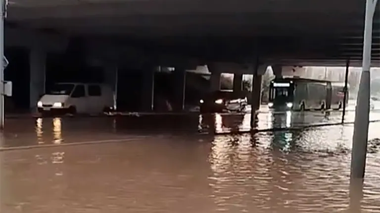 El servicio del tranv&iacute;a de Zaragoza se ha visto interrumpido en Parque Goya por las lluvias de este domingo.