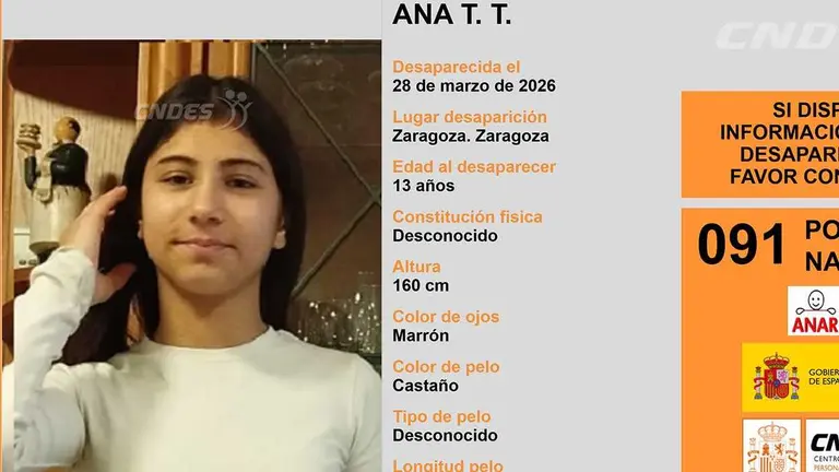 La Polic&iacute;a Nacional busca a una menor de 13 a&ntilde;os desaparecida en Zaragoza. Fuente: Cndes