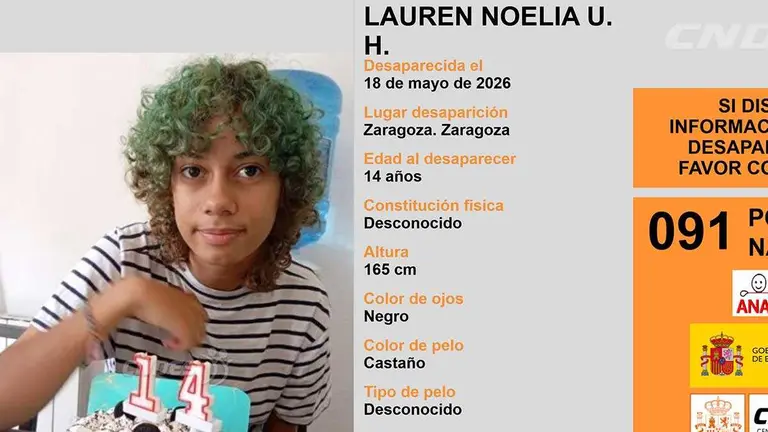 Lauren Noelia U. H., la menor de 14 a&ntilde;os desaparecida en Zaragoza desde el lunes. Foto: Cndes