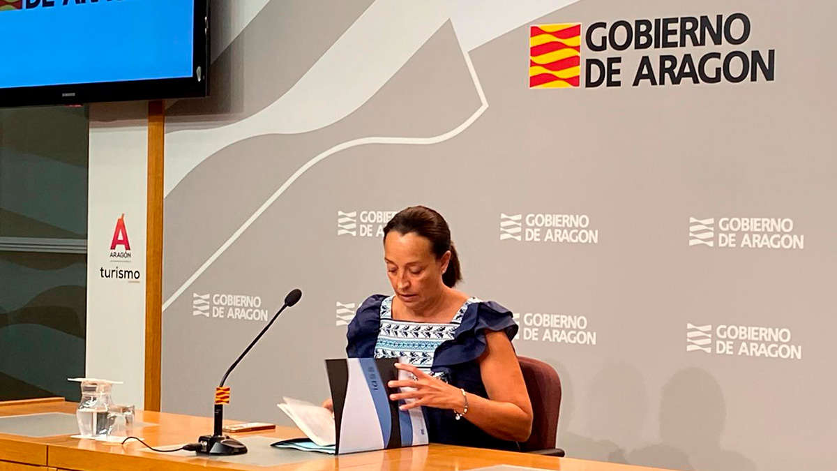 La consejera de Bienestar Social y Familia, Carmen Susín, esta mañana en la rueda de prensa en el Pignatelli