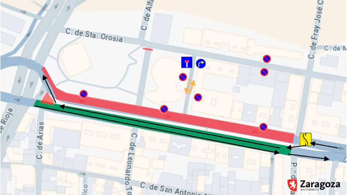 En rojo, el carril que quedará cortado al tráfico; y en verde, el carril que se habilitará para ambos sentidos