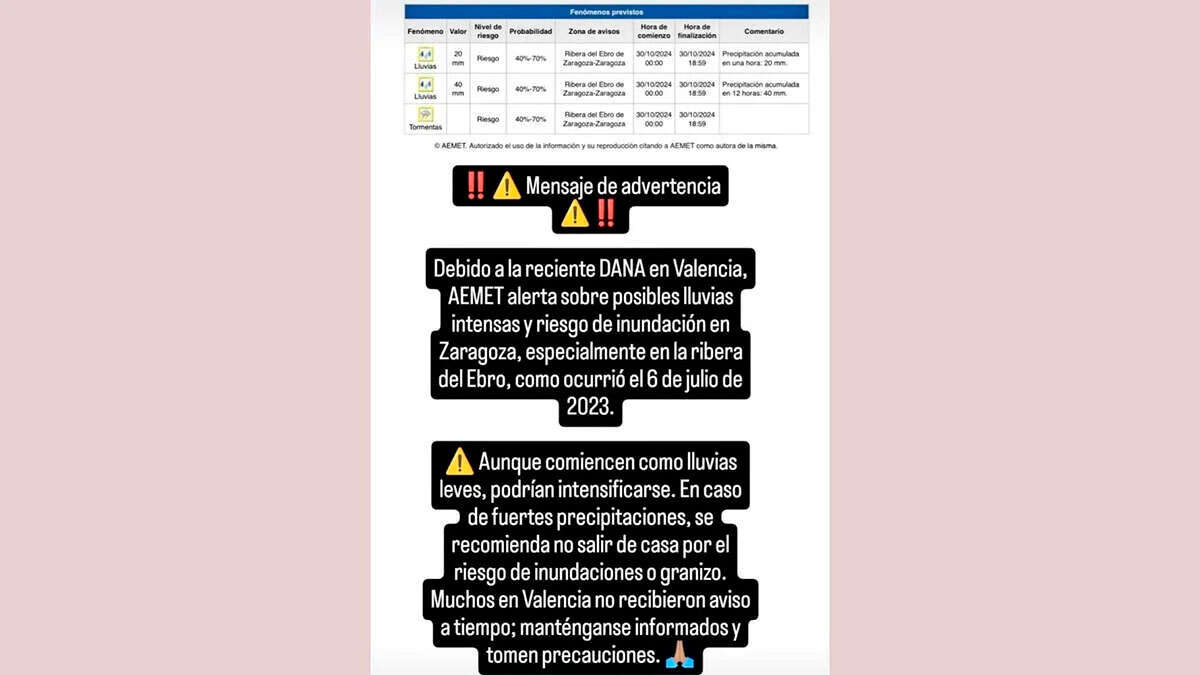 Historia de Instagram donde se alertaba de la llegada de la DANA a Zaragoza