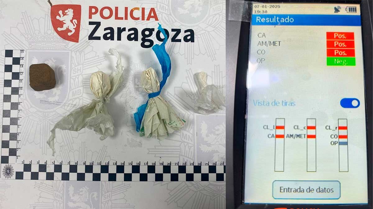 Speed y hachís incautado junto con el dispositivo de prueba de detección de drogas utilizado por la Policía de Zaragoza