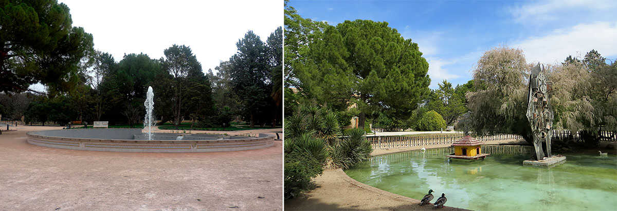 Comparativa desaparecida y actual del Jardín Botánico de Zaragoza. 
Fotografías: izquierda, José Luis Garde; derecha, Manuel Ordóñez Gracia para Anteayer Fotográfico Zaragozano